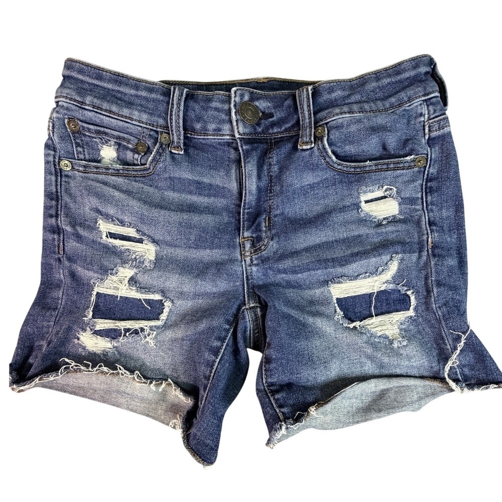 American Eagle Outfitters Denim Midi‎ Shorts Distressed Ripped Blue Size 4